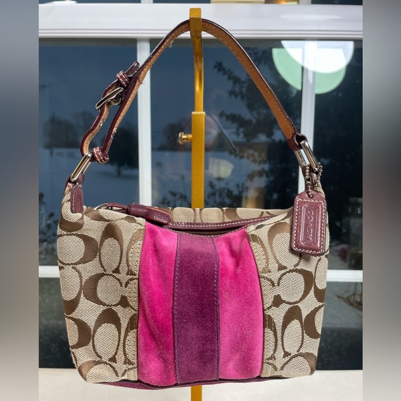 Coach Handbags - Coach Vintage Mini Hobo Bag in Signature Jacquard Canvas & Pink and Berry Suede